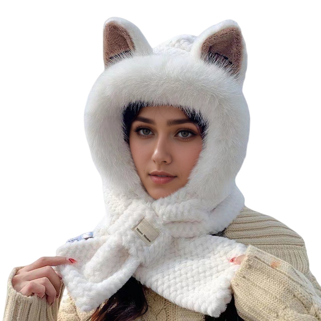 Cute Plush Hat Scarf Set Winter Thickened One-Piece Ear Protection Cap